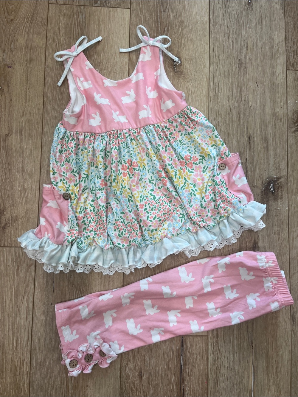 Cheeky Plum Girls Pink Bunny Easter Floral Ruffle Tank  + Leggings Set